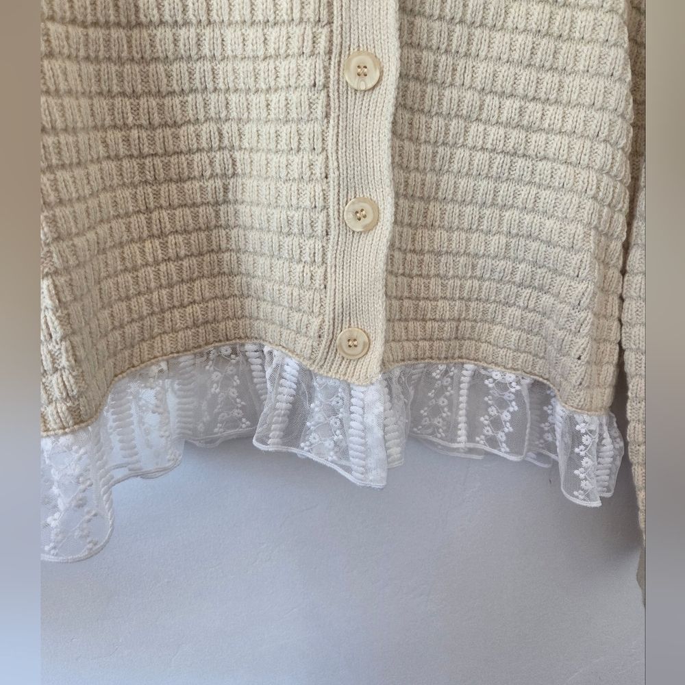 Cream Lace Trim Cardigan Sweater Preppy Coquette Old Money Academia Feminine L - Picture 8 of 12